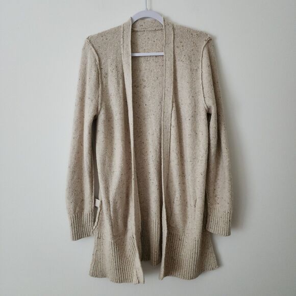 LL Bean Womens Knit Long Open Cardigan Sweater Cotton Wool Blend Oatmeal Beige S - Picture 3 of 9